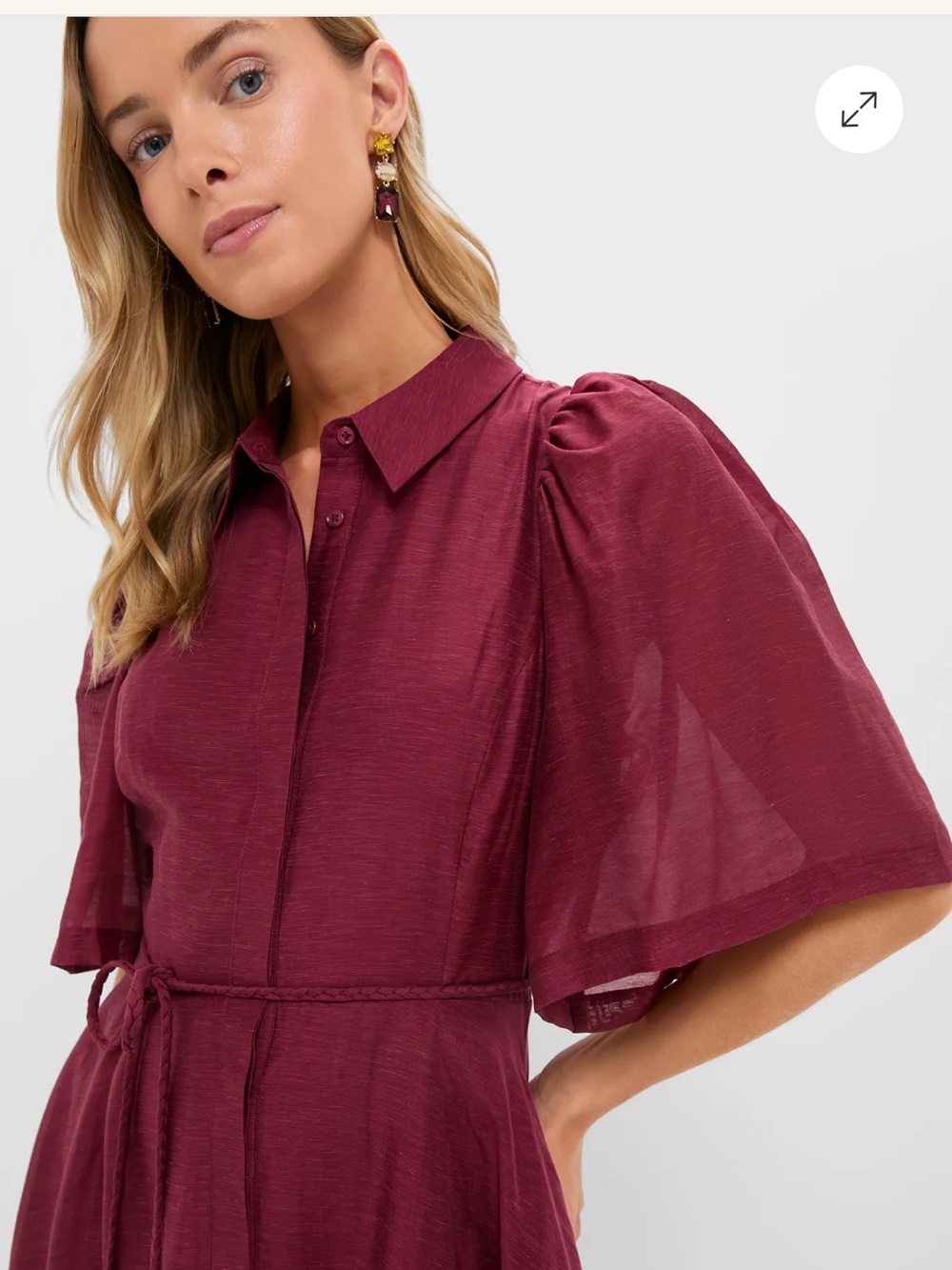 Women's Burgundy Midi Shirt Dress with Tie Waist and Puff Sleeves - Picture 4 of 6